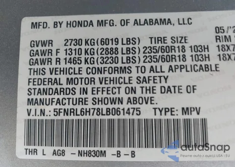 2020 Honda Odyssey Ex-L/Ex-L W/Navi Res из США, поврежденный, VIN 5FNRL6H78LB061475